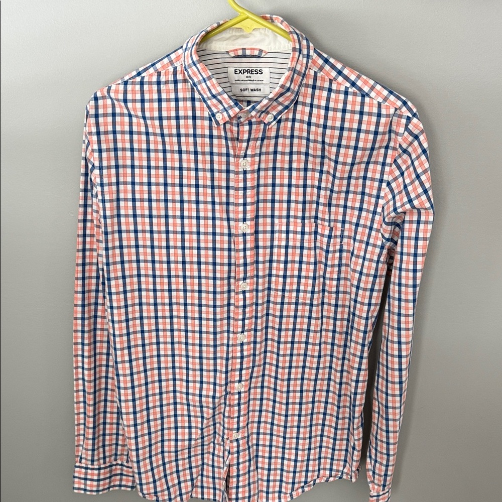Express Men's Casual Blue and Pink Checkered Shirt